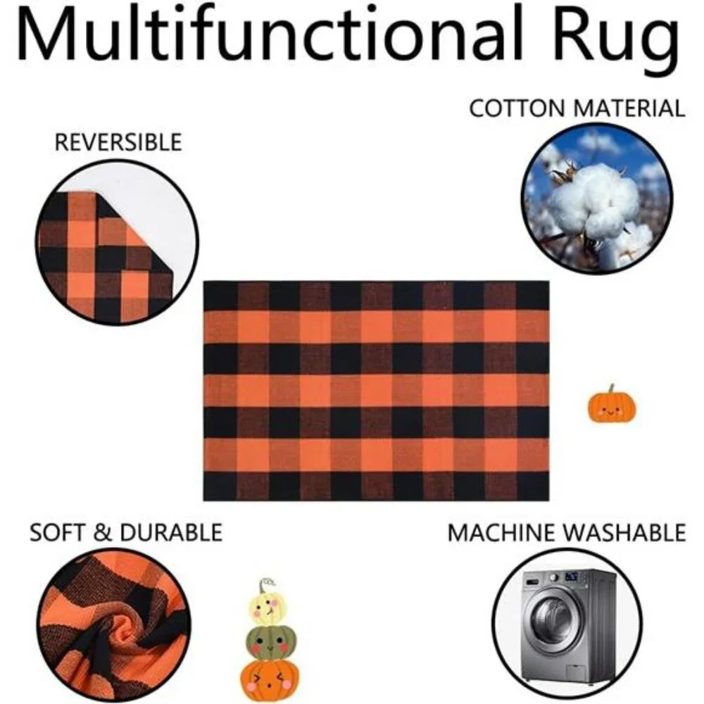100% Coco Coir Welcome Mat 28x43 Inches Orange and Black Plaid Rug